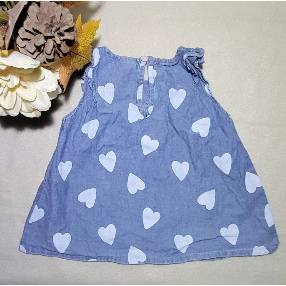 Carter's Baby Heart Print Ruffle Sleeve Denim Dress Size 18M EUC